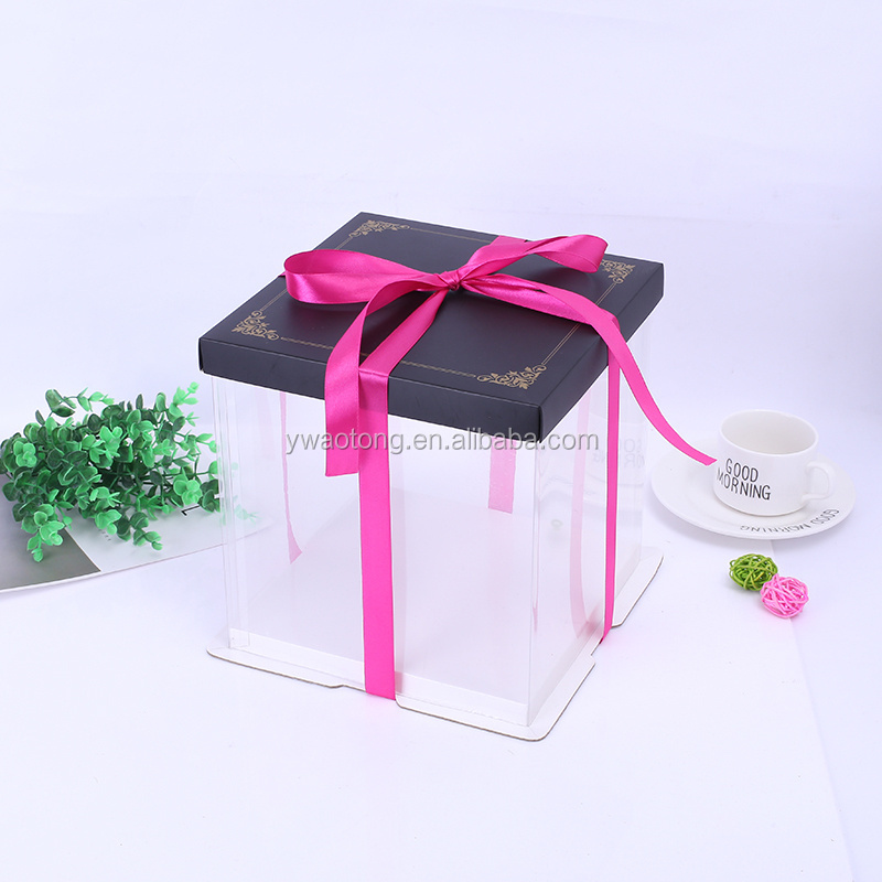 3 in 1 clear plastic cake box with Ribbon knot style Foam + cardboard + PET cake packaging box