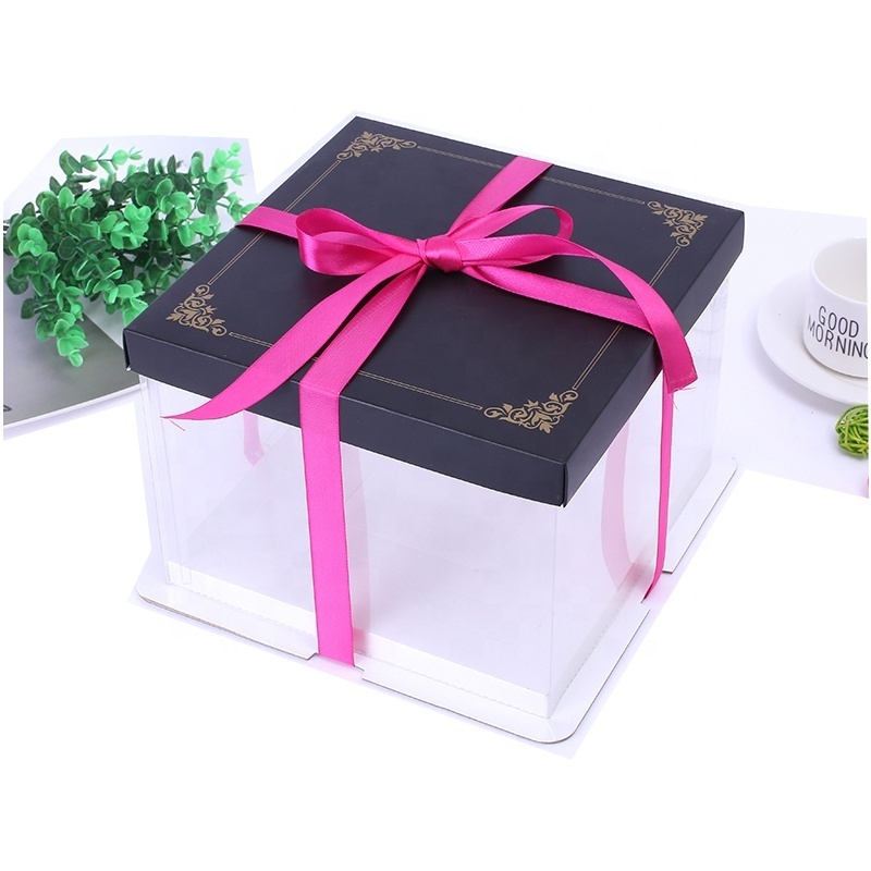 3 in 1 clear plastic cake box with Ribbon knot style Foam + cardboard + PET cake packaging box