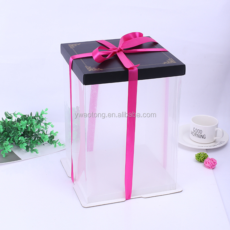 3 in 1 clear plastic cake box with Ribbon knot style Foam + cardboard + PET cake packaging box