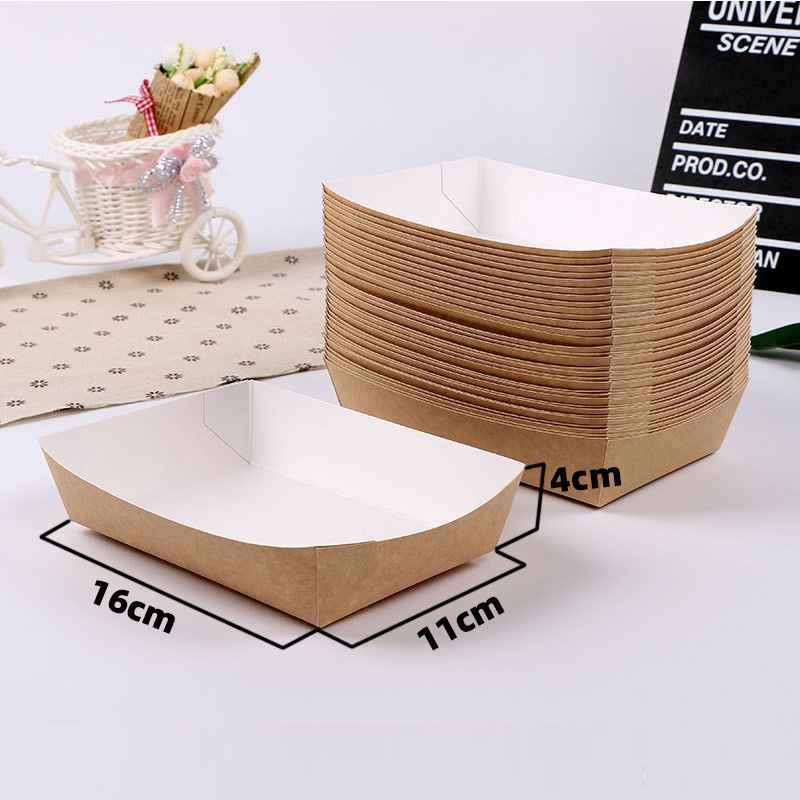 Disposable Brown Kraft Paper Boat Paper Food Tray Biodegradable  PLA Food Packaging Boat Box For Snack Paper Food Tray