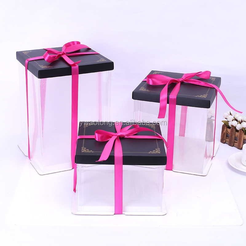 3 in 1 clear plastic cake box with Ribbon knot style Foam + cardboard + PET cake packaging box