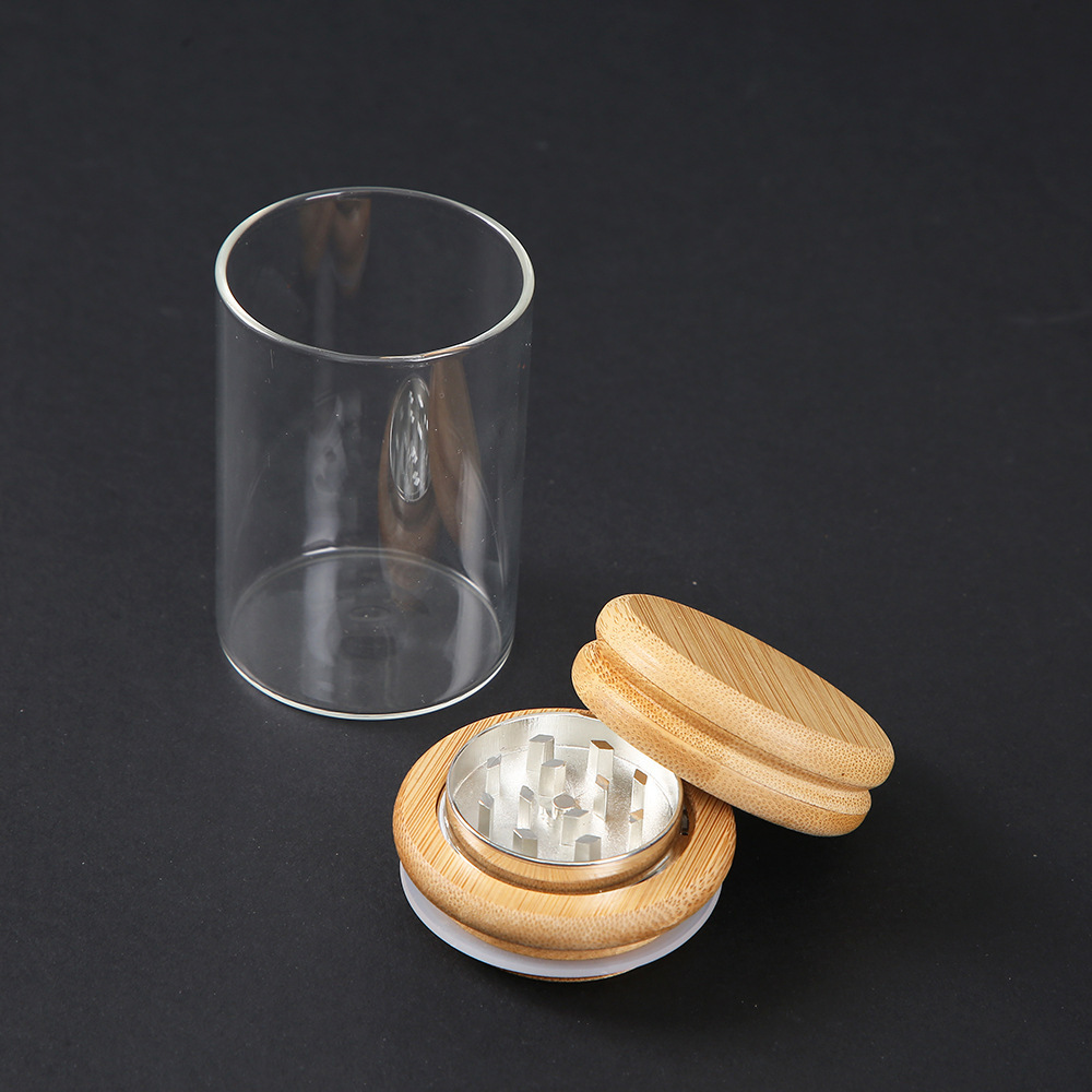 2 in 1 Multi-Function Glass Jar with Wooden Grinder 6pcs Display Box Custom Logo Zinc Alloy Tobacco Grinder with Jar