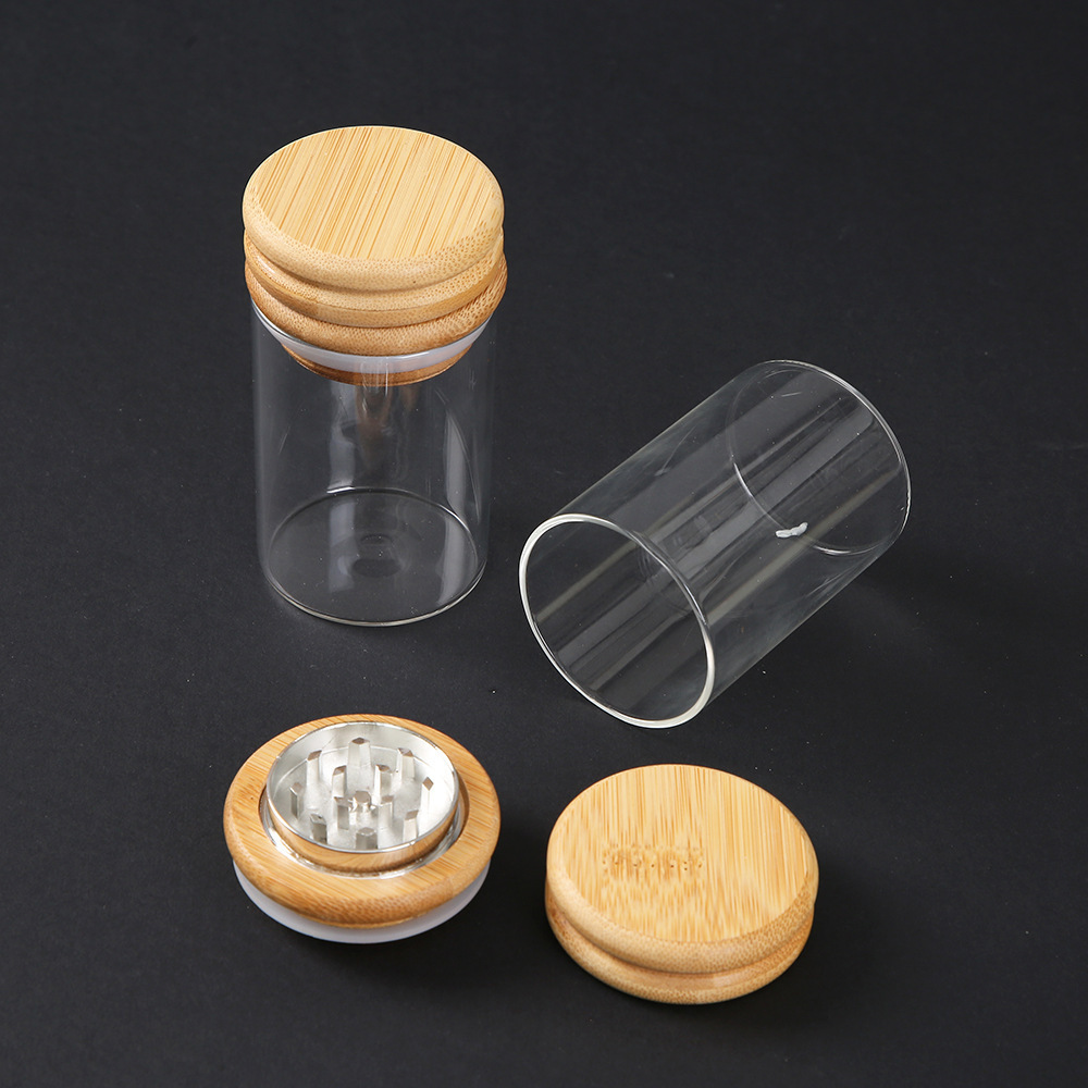 2 in 1 Multi-Function Glass Jar with Wooden Grinder 6pcs Display Box Custom Logo Zinc Alloy Tobacco Grinder with Jar