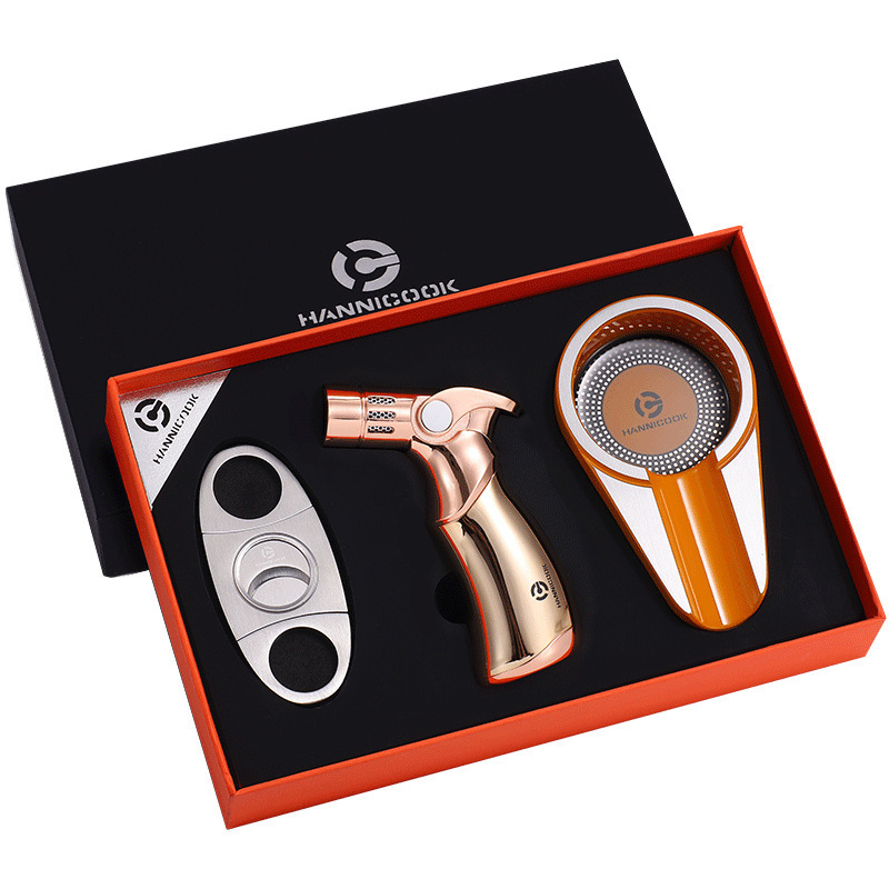 High Quality 3 in 1 Gift Box Set Cigar Cutter Smokeless Ashtray Torch Lighter Accessories for Smoke Shop Cigar Sets