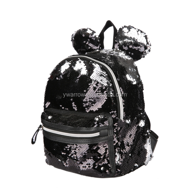 Customized make Fashion Gift cute Round Rabbit Ear Black Sequin Backpack Mini cartoon Mickey Ears Sequins Shoulder backpack bag