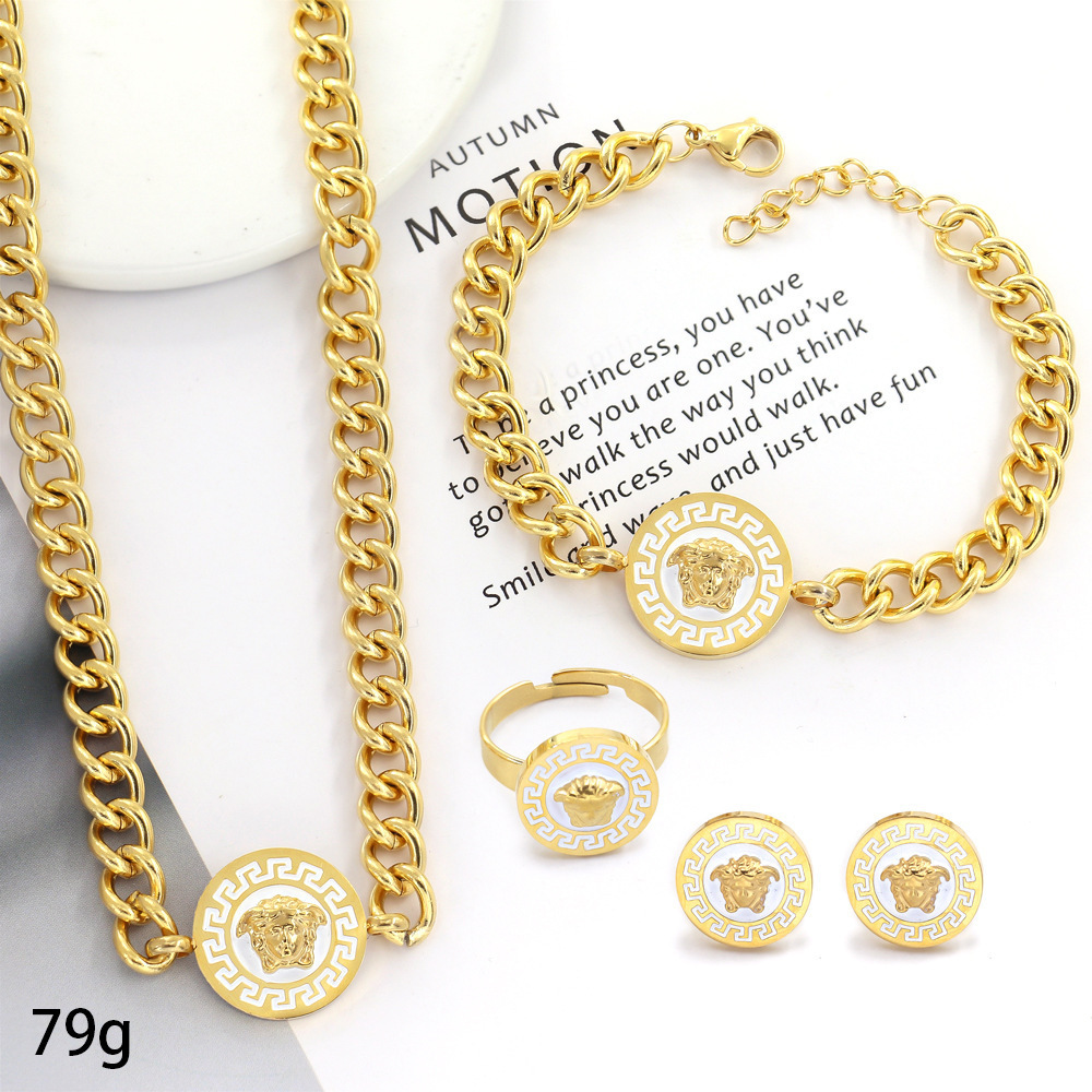 2023 New Luxury 18K Gold Plated Cuban Chain Bracelet Personality Head Rhinestone Necklace Earrings Stainless Steel Set for Women