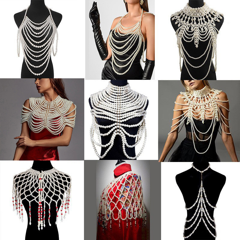 Luxury Fashion Long Pearl Top Women White Tassel Beaded Pearl Top Stacked Multilayer Pearl Body Chain