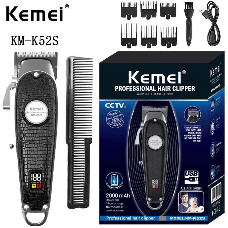 Km-K52s Professional USB LCD Black Kemei Hair Clipper Fast Rechargeable High Speed Motor Cordless Electric Hair Clipper Trimmer