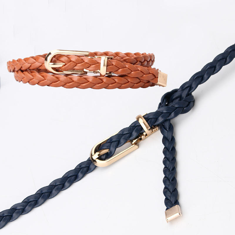 Hot Sale High Quality Women Braided Leather Thin Belt For Ladies Pu Leather Strap Pin Buckle Dress Waist Strap