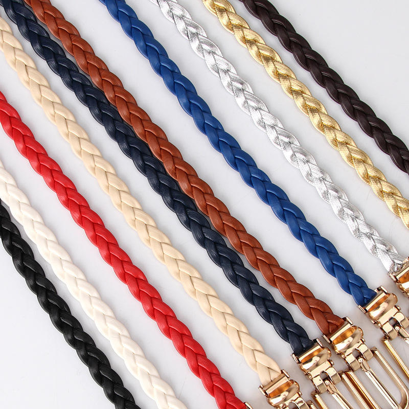 Hot Sale High Quality Women Braided Leather Thin Belt For Ladies Pu Leather Strap Pin Buckle Dress Waist Strap