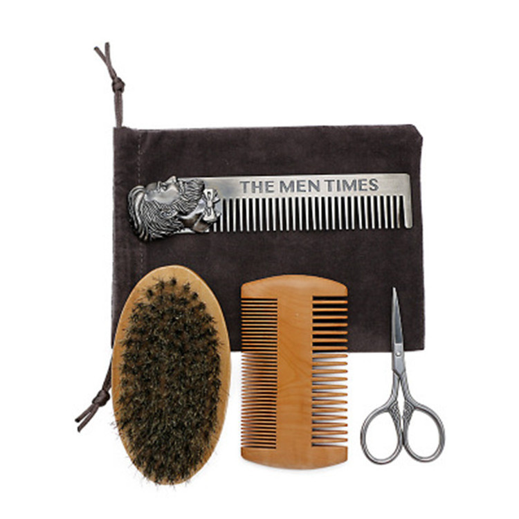 Popular 4pcs mens care beard grooming kit beard wood brush and comb trimmer set with barber hair scissor