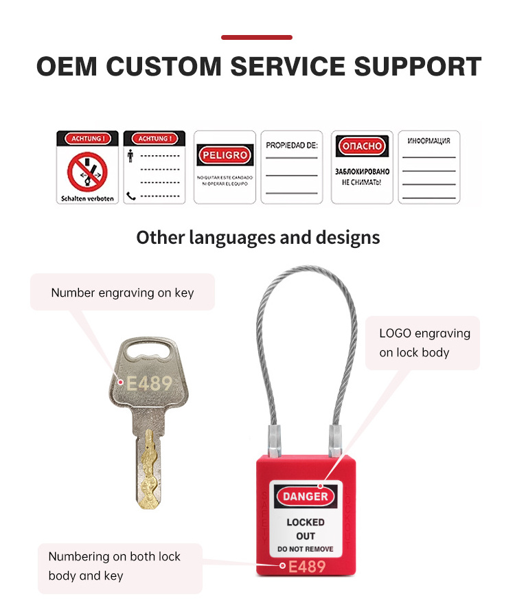 Lockout Tagout Industrial Safety Steel Cable Lock Dustproof Security Closed Shackle Stainless Steel Nylon Long Safety Padlock