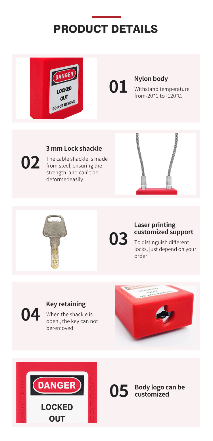 Lockout Tagout Industrial Safety Steel Cable Lock Dustproof Security Closed Shackle Stainless Steel Nylon Long Safety Padlock