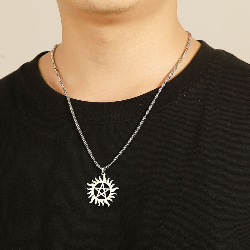 Stainless Steel Shining Sun Pentagram Pendant Necklace Supernatural Dean Statement Box Chain Necklaces Jewelry Women Men