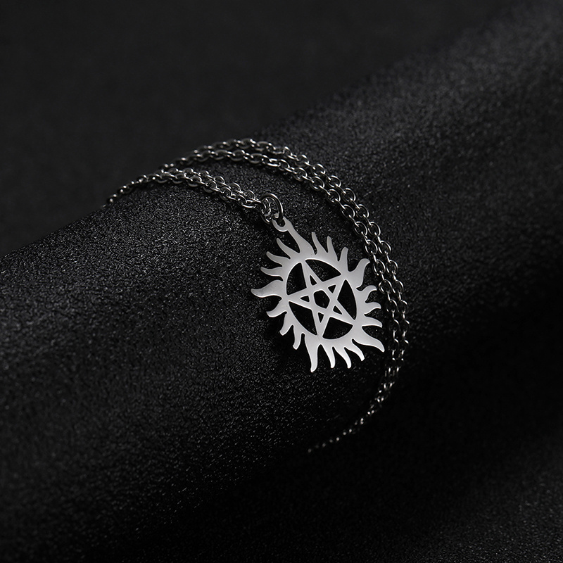 Stainless Steel Shining Sun Pentagram Pendant Necklace Supernatural Dean Statement Box Chain Necklaces Jewelry Women Men