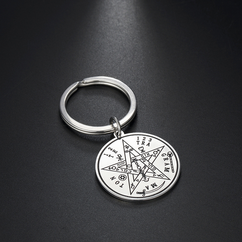 Vintage Tetragrammaton Pendant Key Chain Wahyeh Magical Blessed Pentagram of Solomon Amulet Keyring Stainless Steel