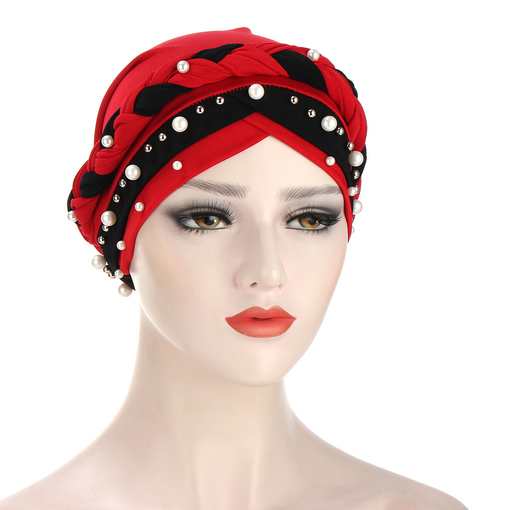 Fashion Islamic two-Color Beaded Braid Hijab Caps Muslim Wrap Accessories Turban Cotton Inner Bonnet Ladies Hats Women Cap