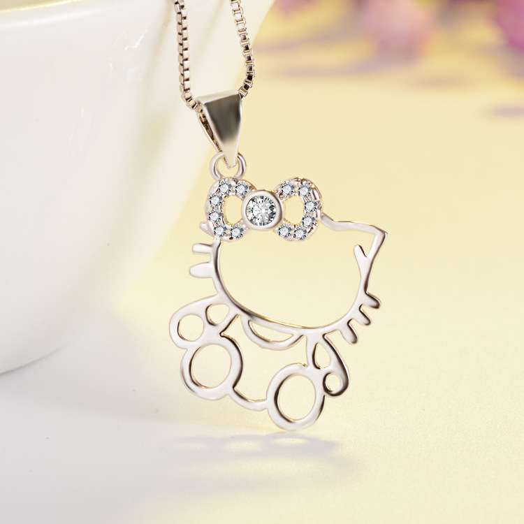 BINSHUO Wholesale Custom Hello Silver Hollowed Out Cute Kitty Cat Necklace Charms Crystal Pendant Necklace For Jewelry Making