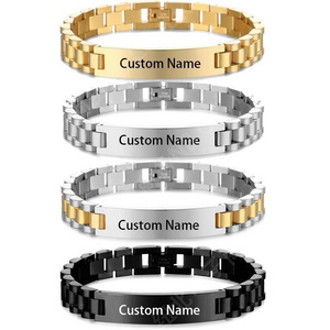 BINSHUO Wholesale Custom Stainless Steel Jewelry 18k Gold Plated Custom Laser Engraving Name LOGO Men Watch Band Cuff Bracelets