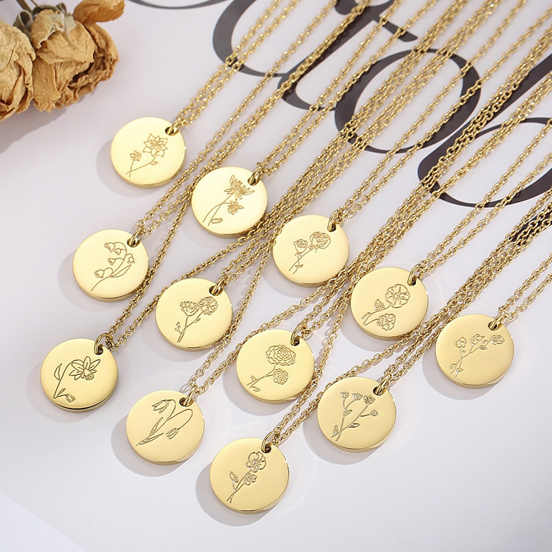 18K Gold Plated Stainless Steel Waterproof Birthflower Minimalist Jewelry Fashion 12 Months Birth Flower Necklace for Women