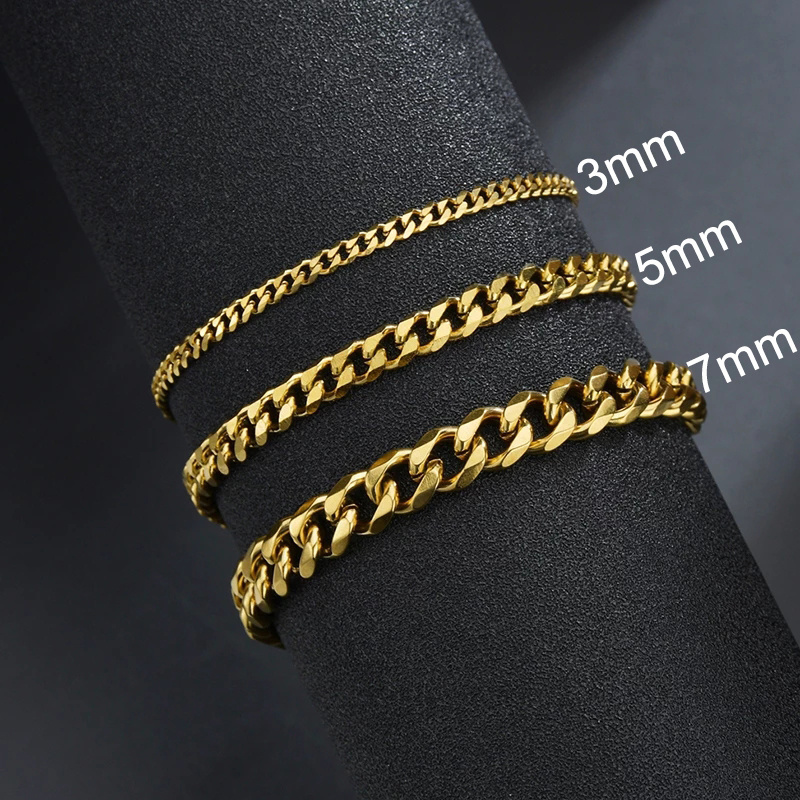 BIINSHUO Stainless Steel 3/5/7mm Cuban Link Chain Bracelets Black Gold Solid Chains Unisex Wrist Jewelry Gift