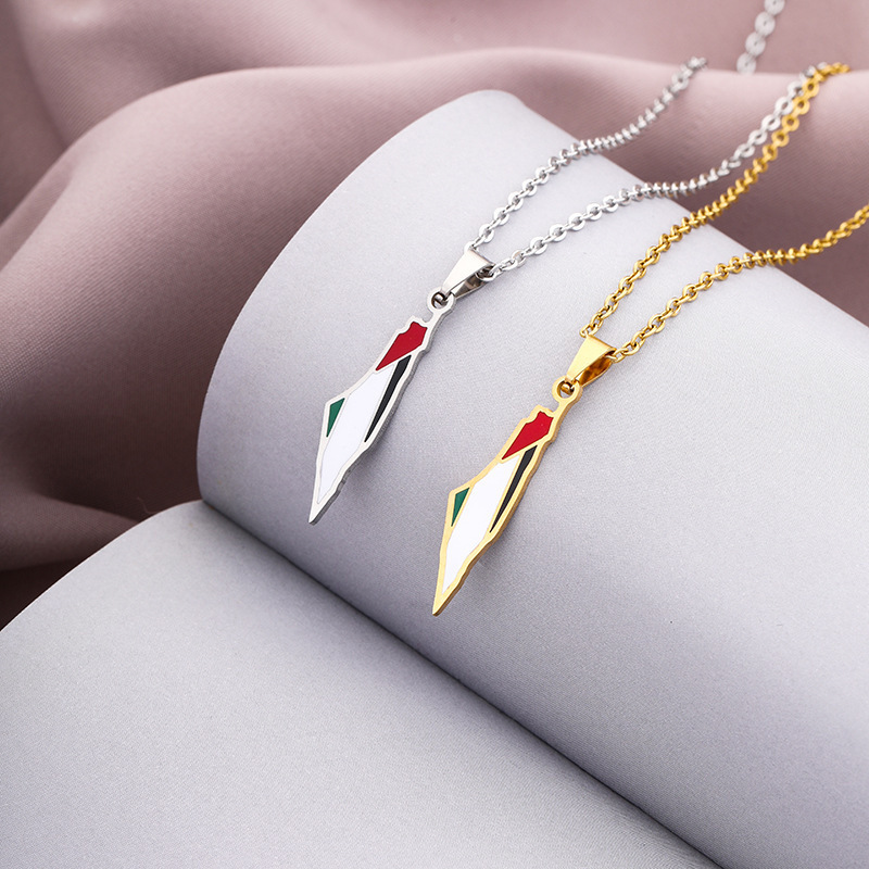 BINSHUO Enameled Palestine Map Necklace Jewelry Stainless Steel PLM Letter Enamel Palestine National Flag Map Pendant Necklace