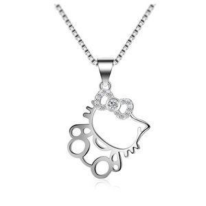 BINSHUO Wholesale Custom Hello Silver Hollowed Out Cute Kitty Cat Necklace Charms Crystal Pendant Necklace For Jewelry Making