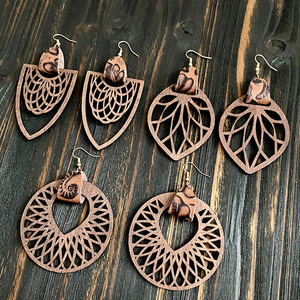 BINSHUO Bohemia Wooden Earrings Wholesale  Jewelry Retro Hollow Mandala Women Wooden Pendant Pattern Genuine Leather Earrings