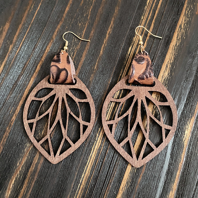 BINSHUO Bohemia Wooden Earrings Wholesale  Jewelry Retro Hollow Mandala Women Wooden Pendant Pattern Genuine Leather Earrings