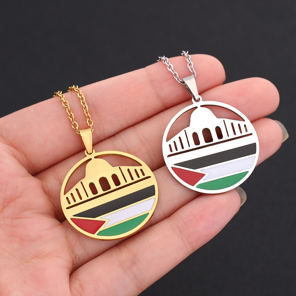 BINSHUO Enameled Palestine Map Necklace Jewelry Stainless Steel PLM Letter Enamel Palestine National Flag Map Pendant Necklace