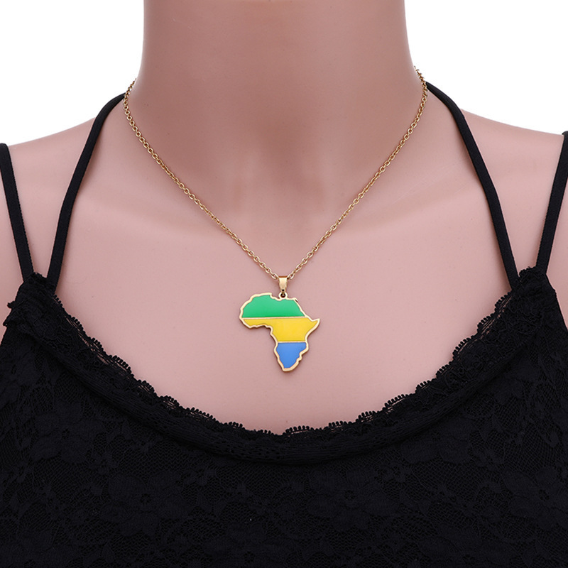 BINSHUO Wholesale Custom Stainless Steel Jewelry 18k Gold Plated Colorful Enamel African Country Maps Pendant Clavicle Necklace