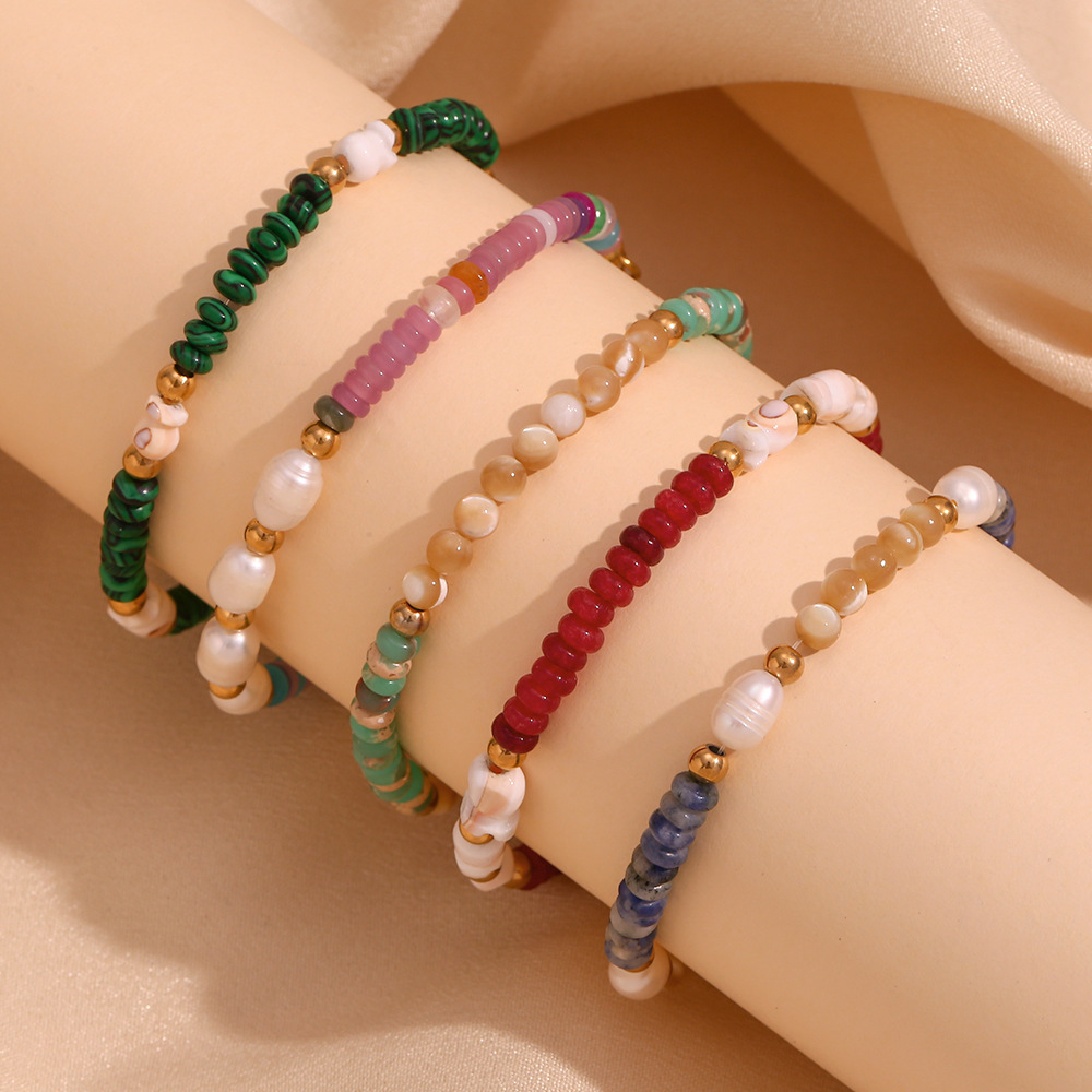 Assorted Natural Stone Bracelet Stainless Steel Beads Handmade Malachite Ruby Stone Freshwater Pearl Bohemian Bracelet for Women