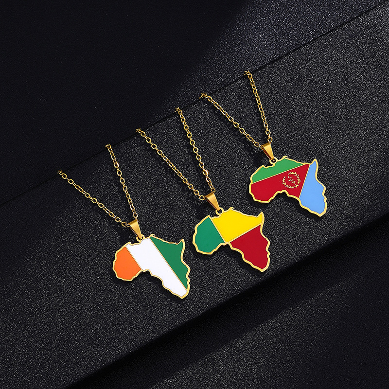 BINSHUO Colorful Enamel African Maps Stainless Steel Necklace Jewelry 18k Gold Plated African Country Clavicle Pendant Necklace