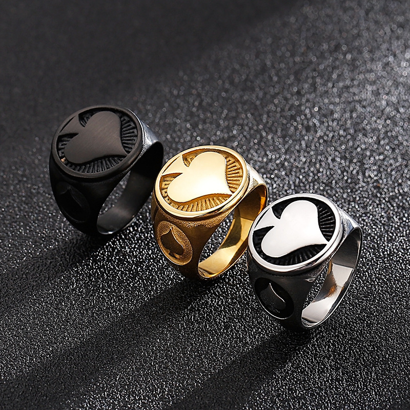 BINSHUO Wholesale Custom Stainless Steel Jewelry Personality Titanium Steel HIPHOP Vintage Drop Glue Magic Poker Spade Ring Men