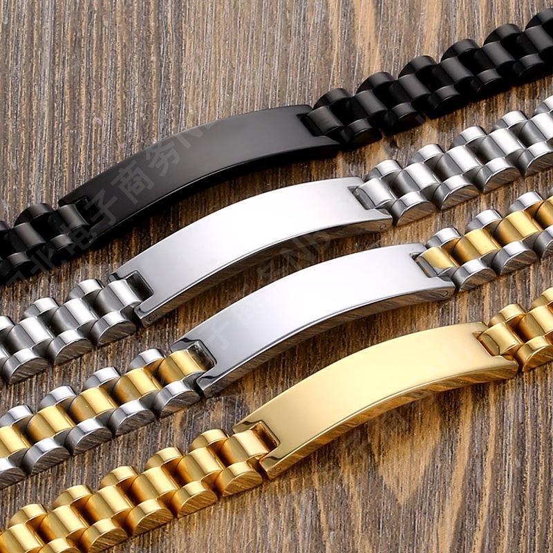 BINSHUO Wholesale Custom Stainless Steel Jewelry 18k Gold Plated Custom Laser Engraving Name LOGO Men Watch Band Cuff Bracelets