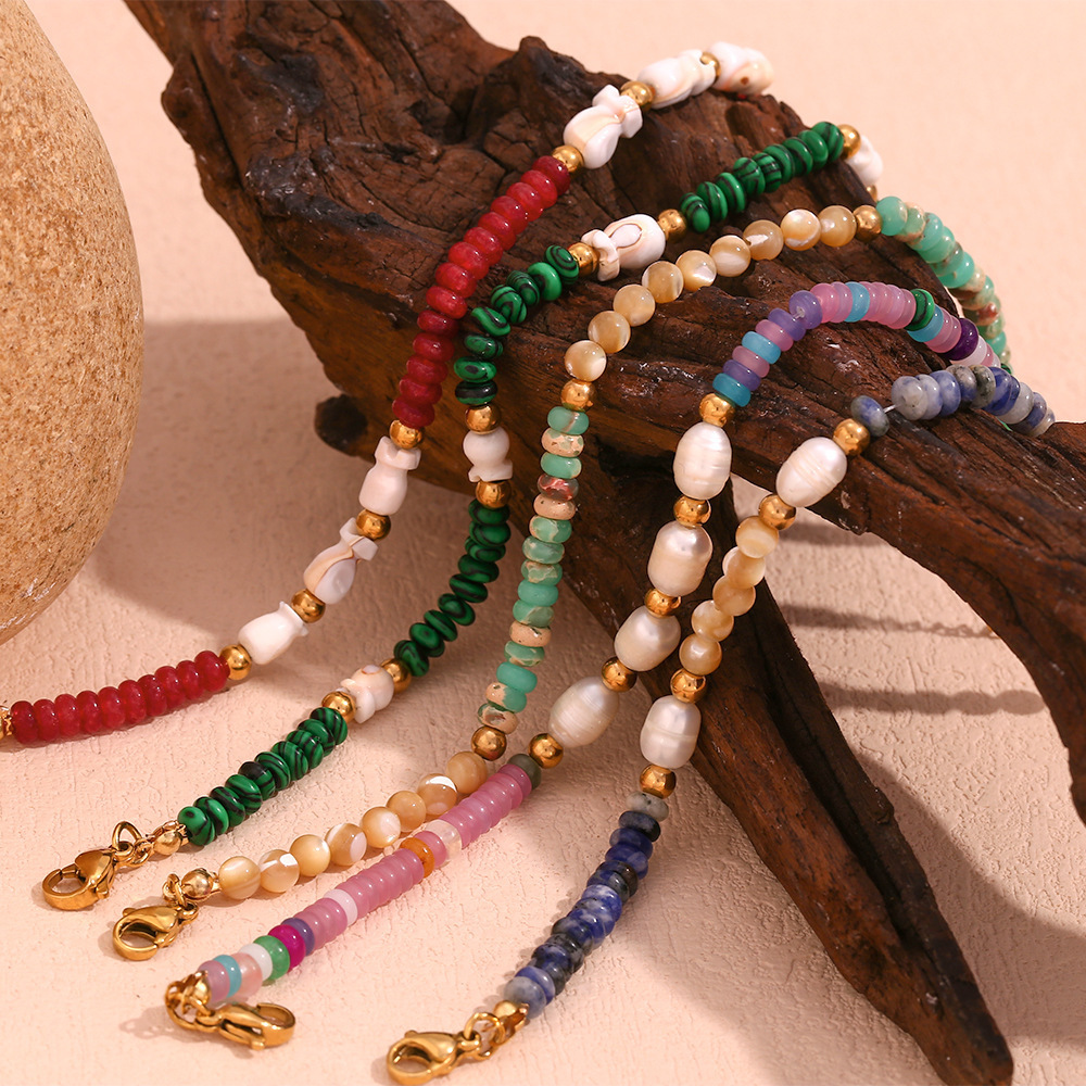 Assorted Natural Stone Bracelet Stainless Steel Beads Handmade Malachite Ruby Stone Freshwater Pearl Bohemian Bracelet for Women