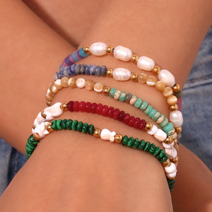 Assorted Natural Stone Bracelet Stainless Steel Beads Handmade Malachite Ruby Stone Freshwater Pearl Bohemian Bracelet for Women