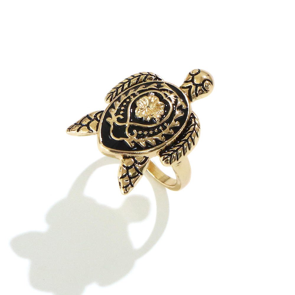 BINSHUO Wholesale Customized Boho Jewelry Hawaiian Flower Frangipani Turtle Gold Plated Black Pearl Women Ring