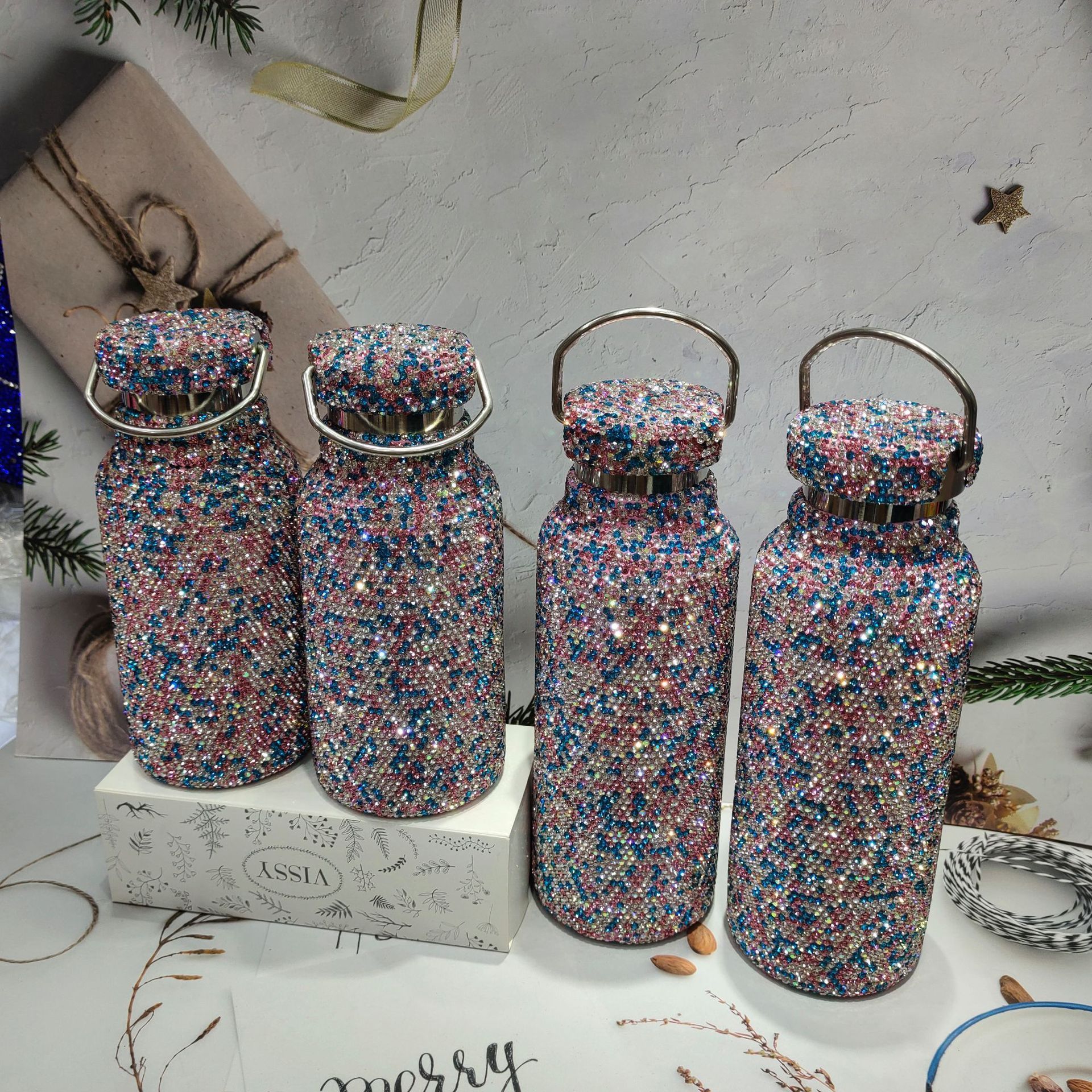 Women Creative Portable Handle Color Crystal Rhinestone Diamond Bling Bling Stainless Steel Vacuum Thermos Flask Water Bottle