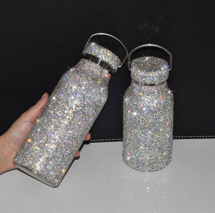 Women Creative Portable Handle Color Crystal Rhinestone Diamond Bling Bling Stainless Steel Vacuum Thermos Flask Water Bottle