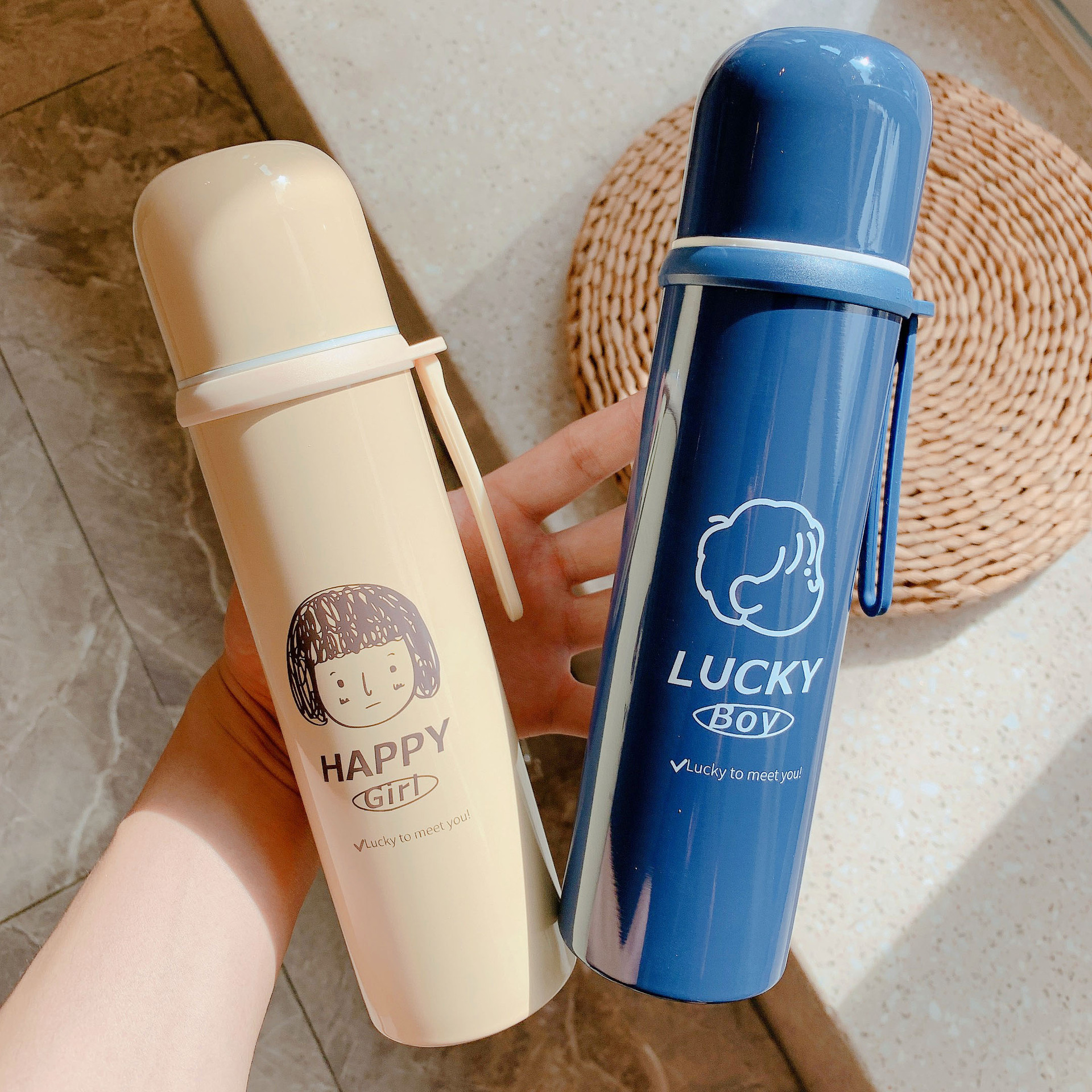 Korean Boy Girl Student Couple Stainless Steel Thermos Vacuum Flask Cute Cartoon Large Capacity Portable Bullet Water Bottle Cup