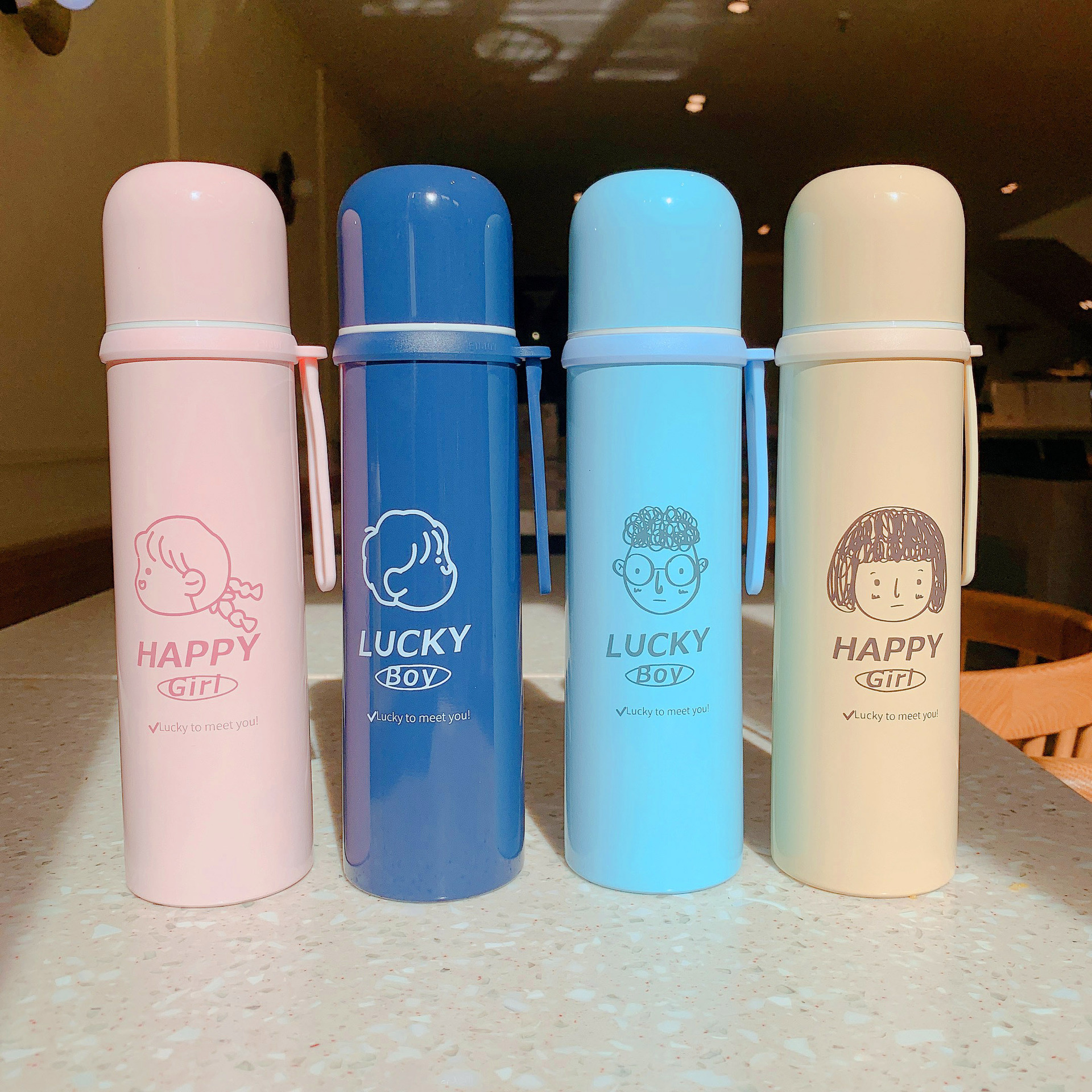 Korean Boy Girl Student Couple Stainless Steel Thermos Vacuum Flask Cute Cartoon Large Capacity Portable Bullet Water Bottle Cup