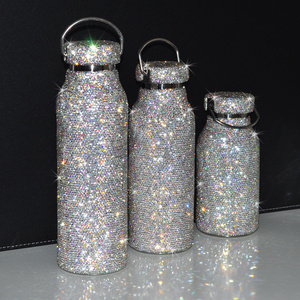 Women Creative Portable Handle Color Crystal Rhinestone Diamond Bling Bling Stainless Steel Vacuum Thermos Flask Water Bottle