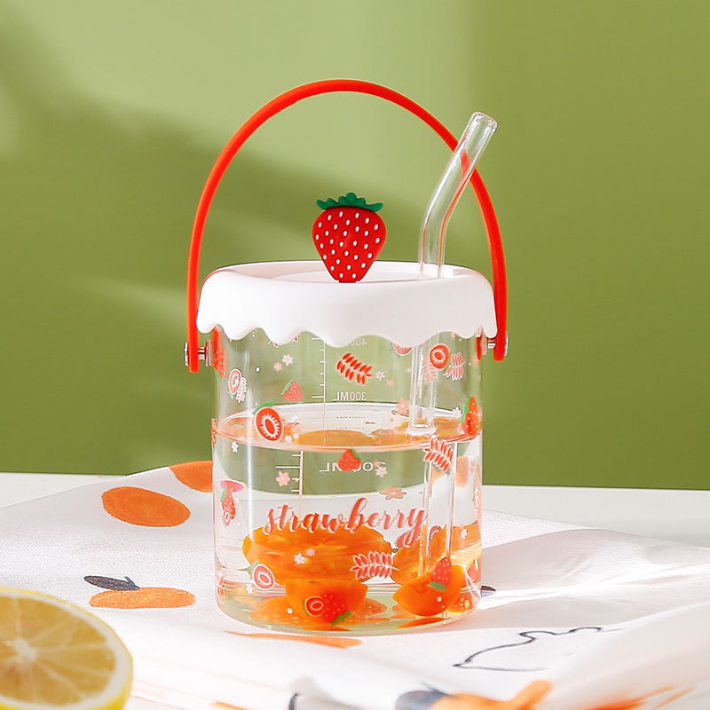 500ml Creative Strawberry Lemon Peach Dragon Fruit Glass Cup With Straw Lid