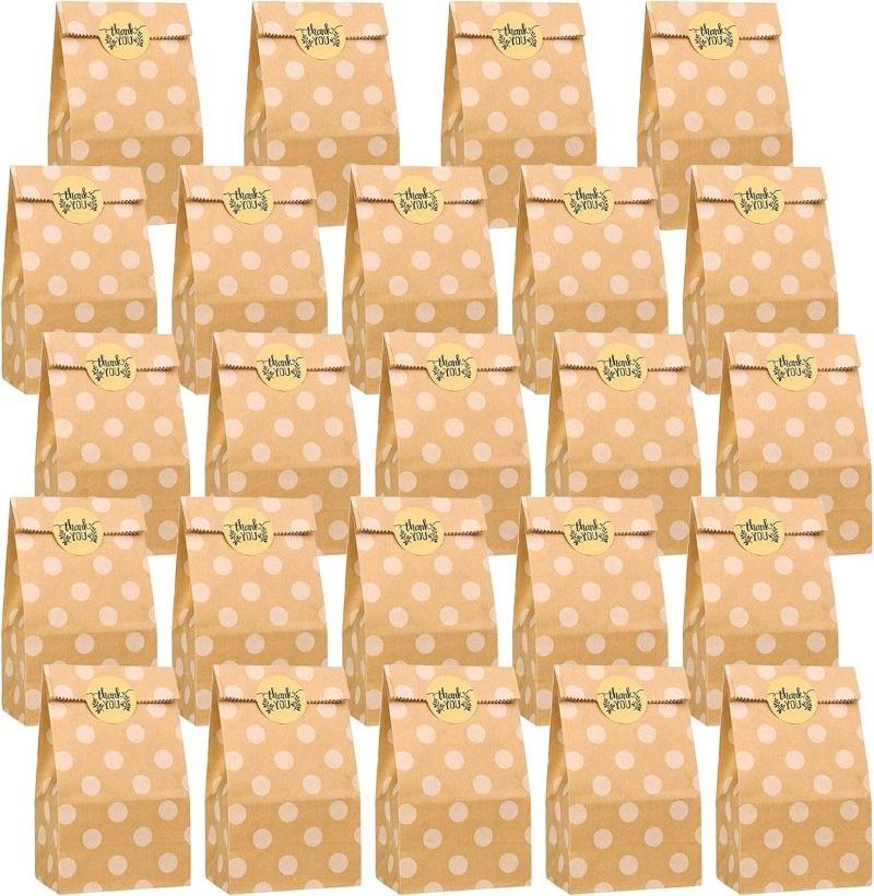 custom logo Mini Polka Dot Brown Paper Bags Small Kraft Paper Bag for Gifts Candy Paper Bags with Thank You Label Stickers