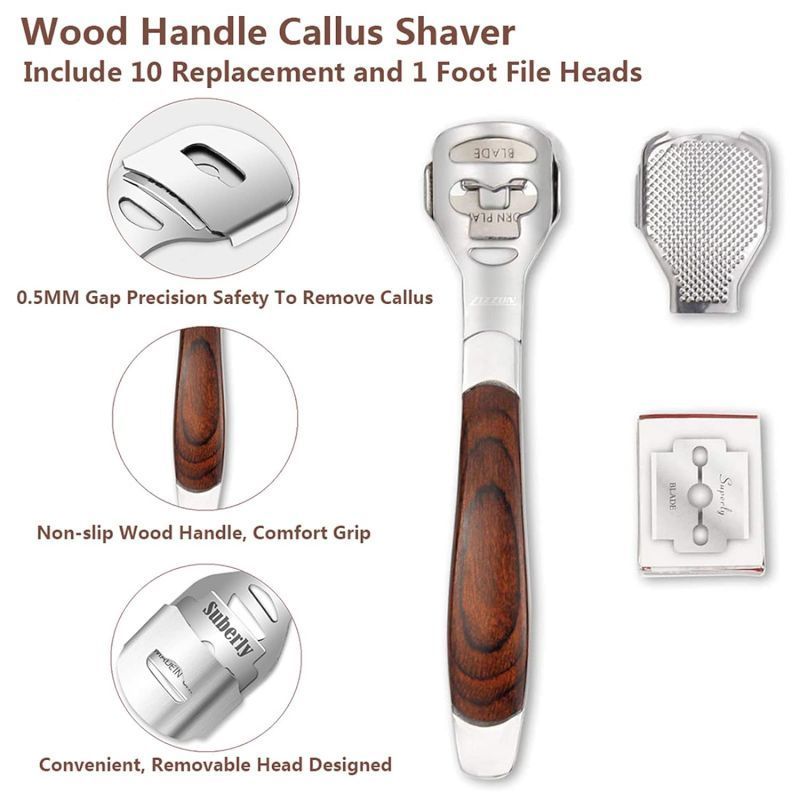 custom logo Foot Rasp Wood Handle Callus Shaver 10 Replacement & 1 Foot File Heads Pedicure Kit Heel Scraper Callus Remover