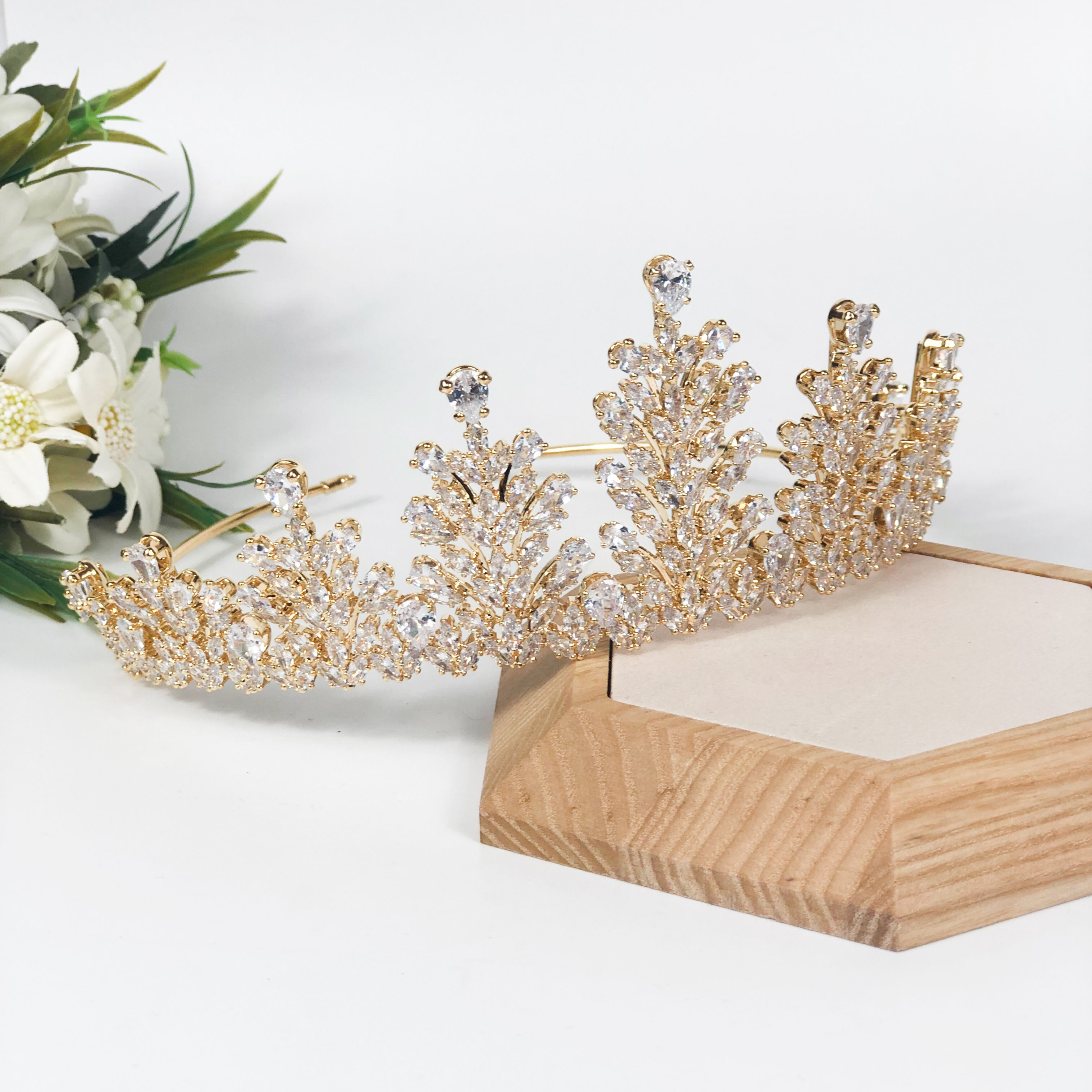 GS0071 New Style High Quality Gold Full Zircon Zirconia Prom Headpiece Bling Shiny Wedding Bridal Tiara Crown