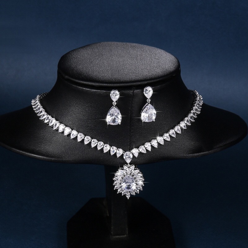 Elegant High Quality Cubic Zirconia Women Pageant Wedding Necklace Set Crystal Bridal Jewelry Sets