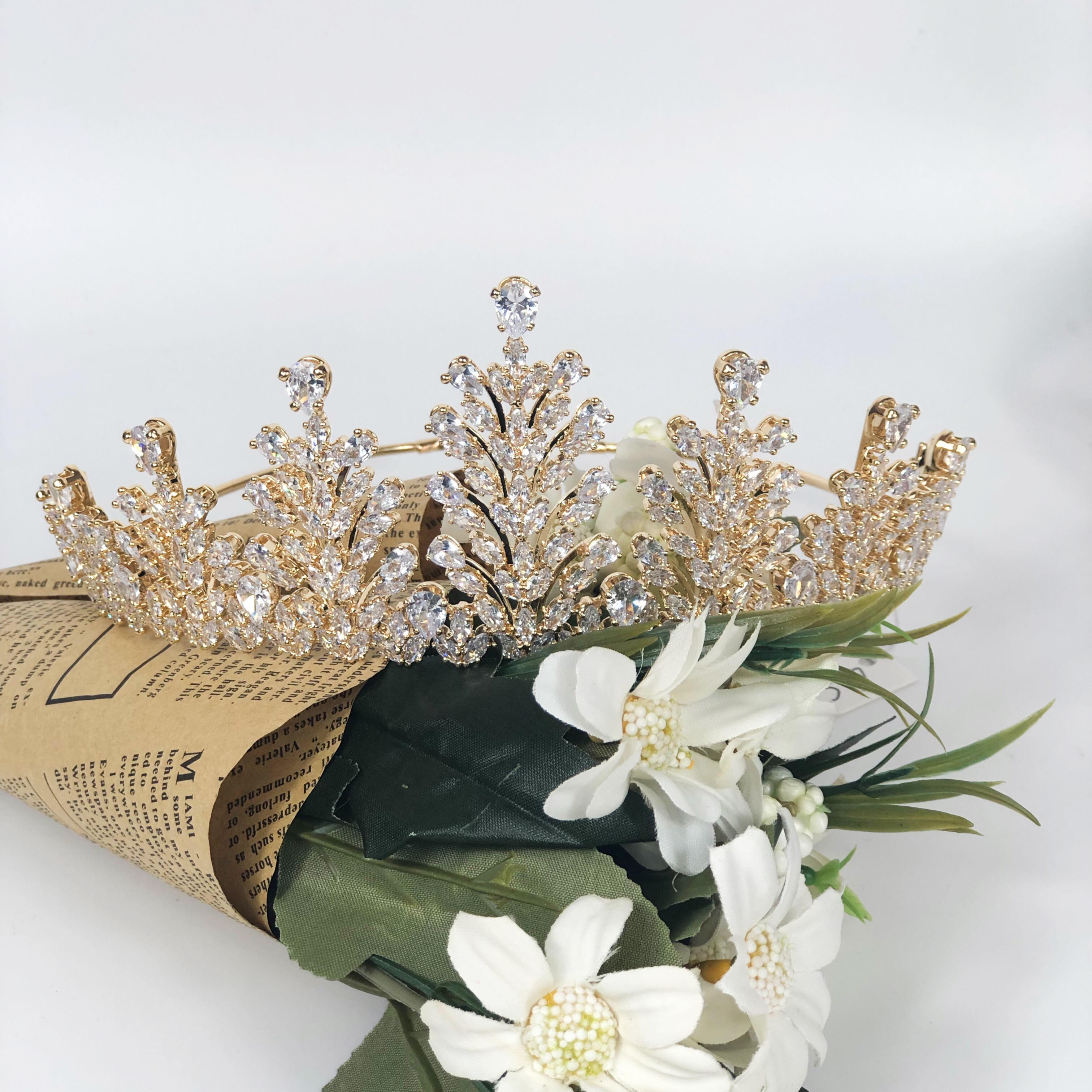 GS0071 New Style High Quality Gold Full Zircon Zirconia Prom Headpiece Bling Shiny Wedding Bridal Tiara Crown