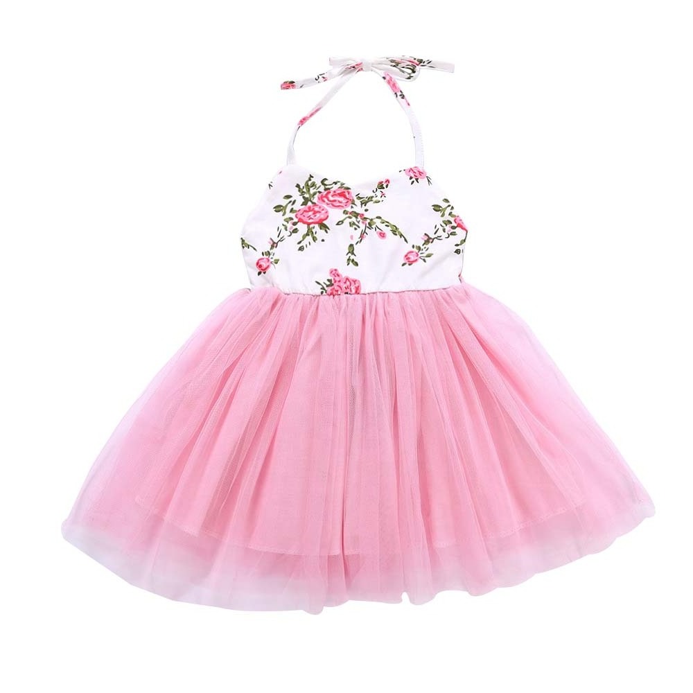 New Designs Litter Baby Floral Print Dress Toddler Flower Girl Tulle Halter Neck Dress